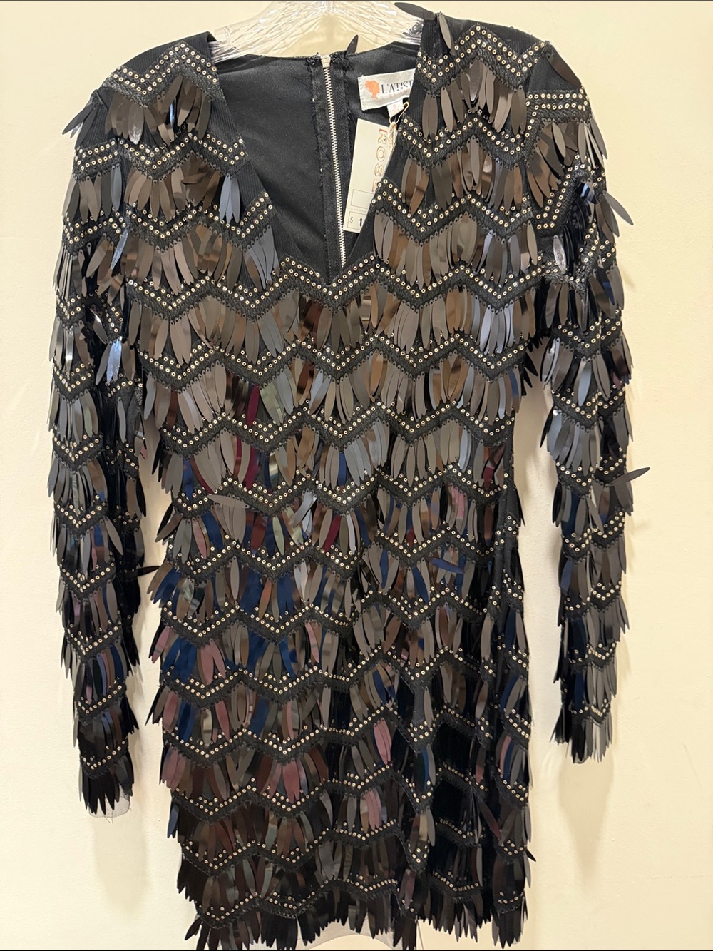 L’ATISTE Black Paillette Sequin Fringe Mini Dress S NWT Art Deco NYE, Holiday